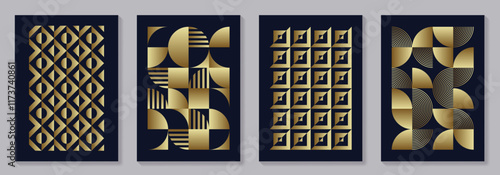 Set of gold and black geometric vector pattern posters with 20s geometric design. Trendy bauhaus pattern background for cover design, poster and interior. Retro illustration.