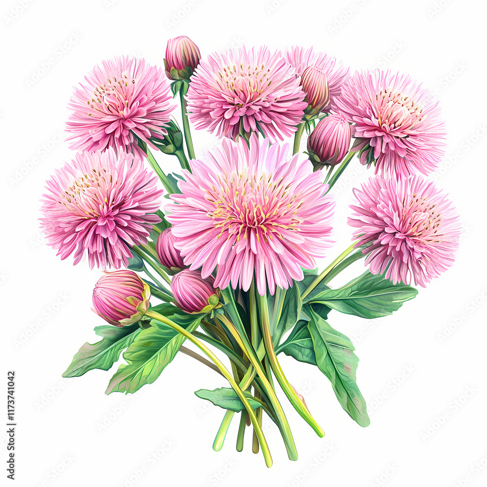 Obraz premium Bouquet of vibrant pink flowers with lush green leaves arranged in a beautiful display. Generative AI