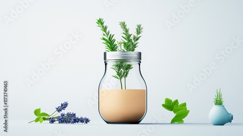 Beautifully Arranged Lavender and Rosemary in Glass Jar - Tranquil botanical image. Lavender, rosemary, and other herbs create a serene, natural, and calming atmosphere, symbolizing purity, peace, hea photo