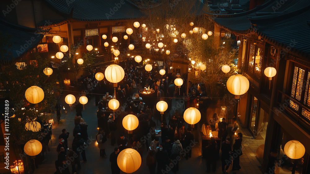 A bustling temple courtyard illuminated by lanterns during a festive New Year celebration , traditional chinese lanterns, modern style A bustling temple courtyard illuminated by lanterns during a festive New Year celebration , traditional chinese lanterns, modern style