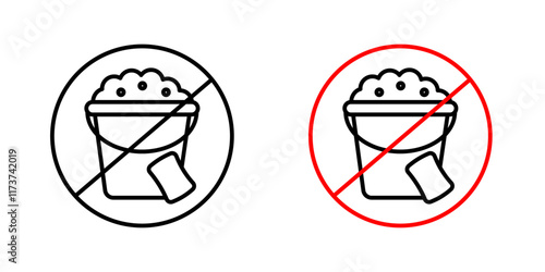 Cleaning bucket with sponge signs vectors set in black and red colors on white background.