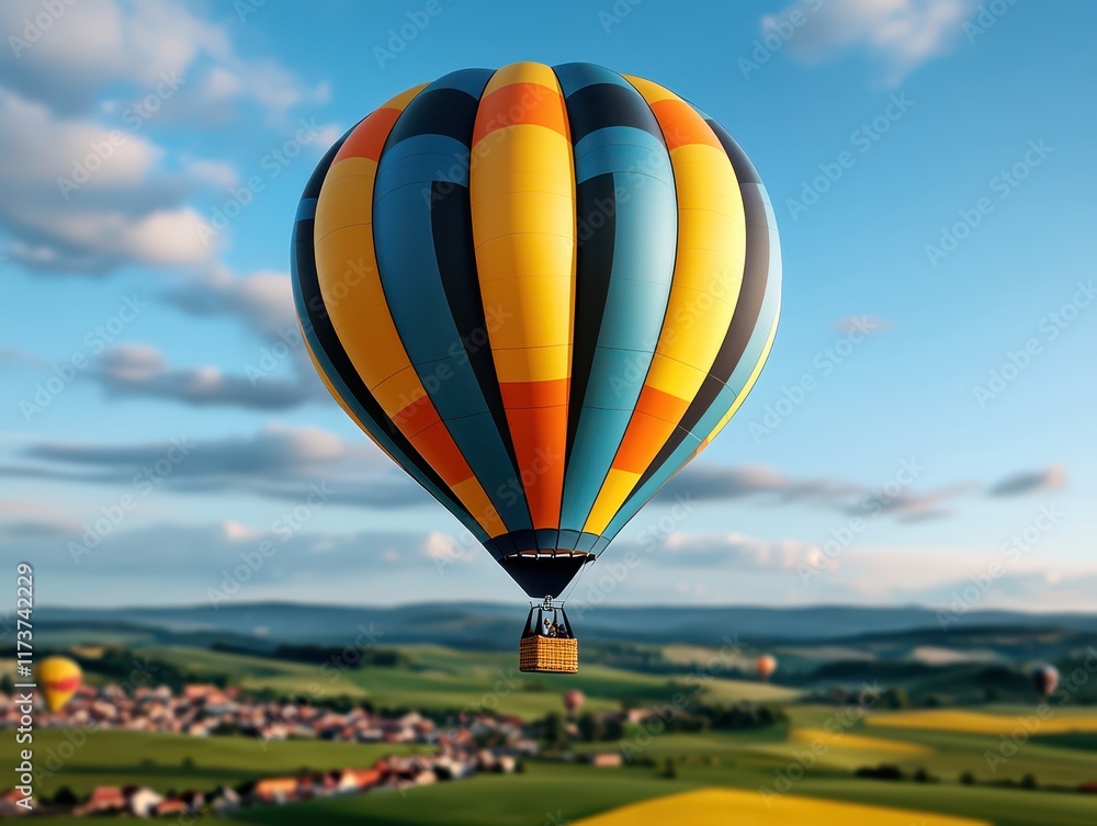 Obraz premium A vibrant hot air balloon floats above a picturesque landscape, showcasing rolling hills and colorful fields under a clear blue sky.