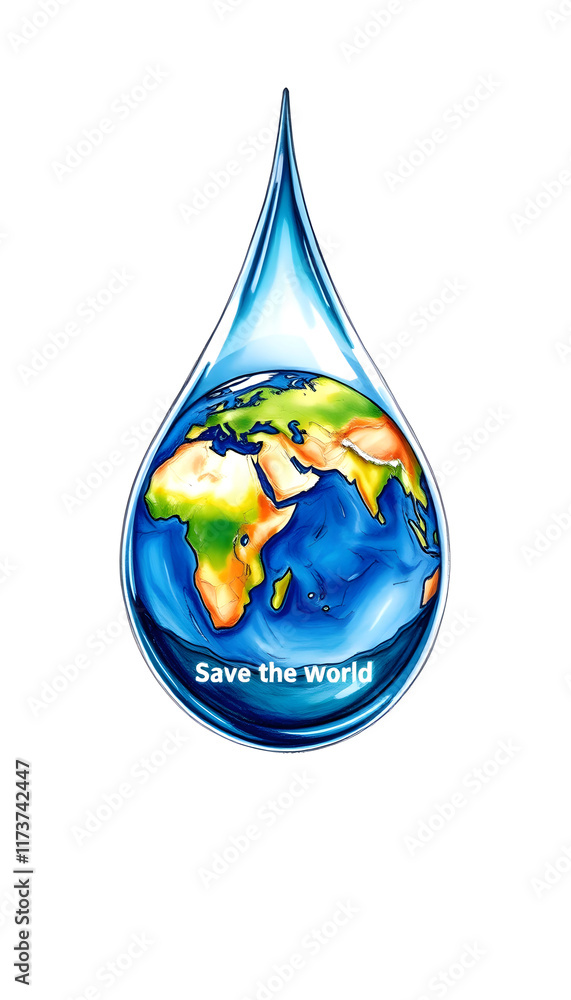 Fototapeta premium planet earth inside a drop of water. concept of ecology. save the world, color sketch, with white tones
