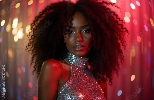 Black woman dances in nightclub. 80s inspired disco outfit with glittery details. Glamourous makeup enhances beauty. Red, blue lights create vibrant party atmosphere. Woman radiates energy. photo