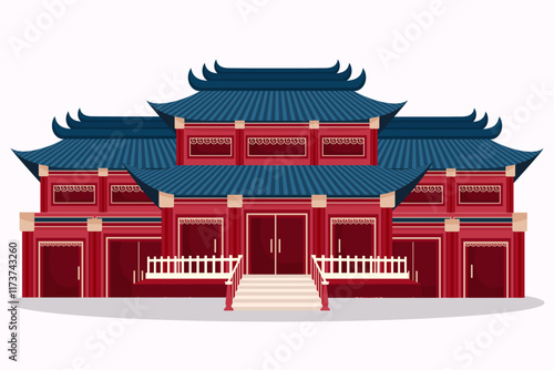 A colorful illustration of a traditional Chinese temple with a red facade and a blue tiled roof