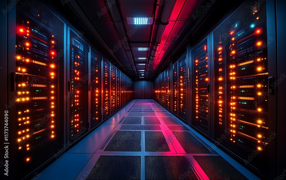 Fototapeta premium Illuminated server room corridor. (2)