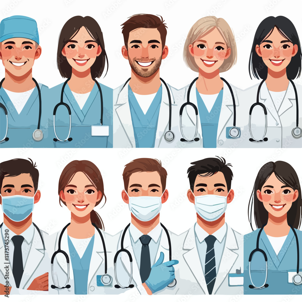 Set of smiling doctors, nurses and paramedics. Portraits of male and female medic workers in uniform with stethoscopes, masks and gloves. Flat cartoon vector illustration isolated on white background Set of smiling doctors, nurses and paramedics. Portraits of male and female medic workers in uniform with stethoscopes, masks and gloves. Flat cartoon vector illustration isolated on white background