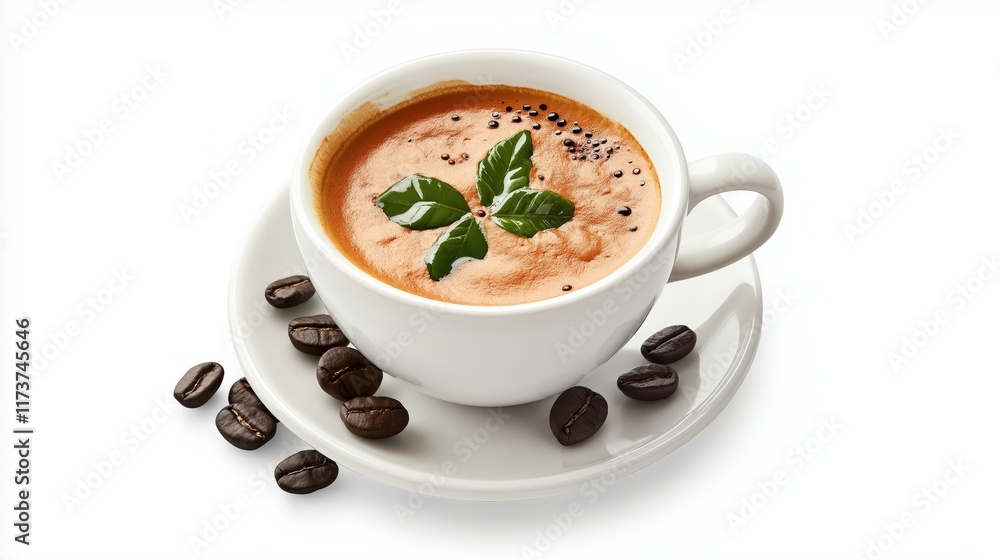 Delicious Coffee Cup With Creamy Texture And Fresh Basil Leaves Delicious Coffee Cup With Creamy Texture And Fresh Basil Leaves