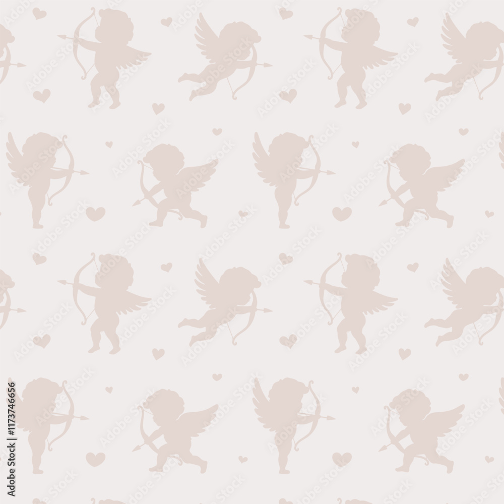 Romantic seamless pattern with cupid silhouette with bows, arrows, and hearts. Perfect for Valentine's Day cards, scrapbooking, invitations, posters, stickers, and romantic designs. Romantic seamless pattern with cupid silhouette with bows, arrows, and hearts. Perfect for Valentine's Day cards, scrapbooking, invitations, posters, stickers, and romantic designs.