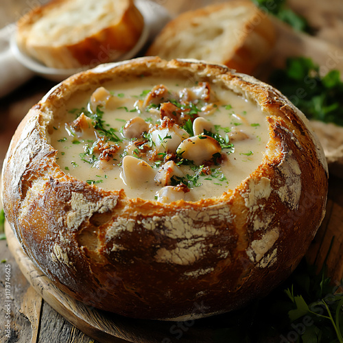 Plakat rustic clam chowder in bread bowl
