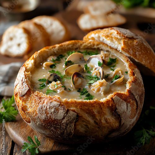 Plakat w ramie rustic clam chowder in bread bowl