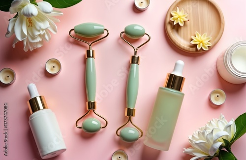 Pastel pink background displays skincare products. Jade roller, gua sha massager lie flat. Cream, serum bottles arranged in spa style. Elegant, natural beauty theme presented. Relaxation, wellness photo