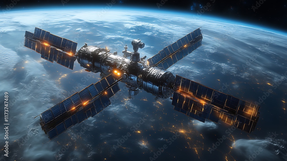 Obraz premium Space station orbiting Earth at night. (13)
