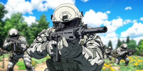 anime soldiers on battlefield, modern warfare photo