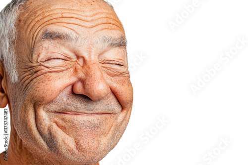 Happy old man with a beaming smile and playful expression against a white background showcasing joy and innocence in a natural setting