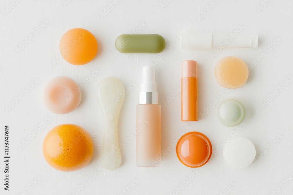 Serene Collection of Wellness Tools - Jade Roller, Face Masks, Balms on White Background Serene Collection of Wellness Tools - Jade Roller, Face Masks, Balms on White Background