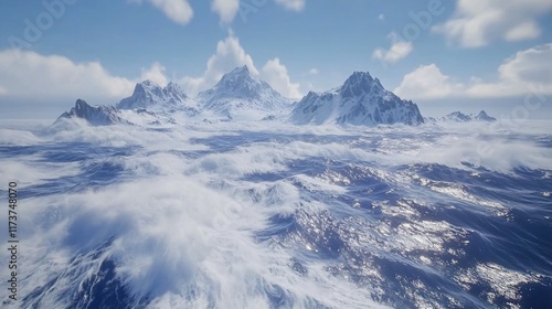 Dramatic Snowy Mountains Seascape, Cold Ocean Waves Crashing Against Frozen Peaks