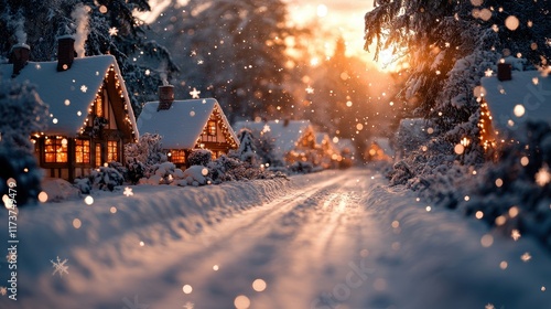 A serene winter village scene with snow-covered houses and glowing lights.