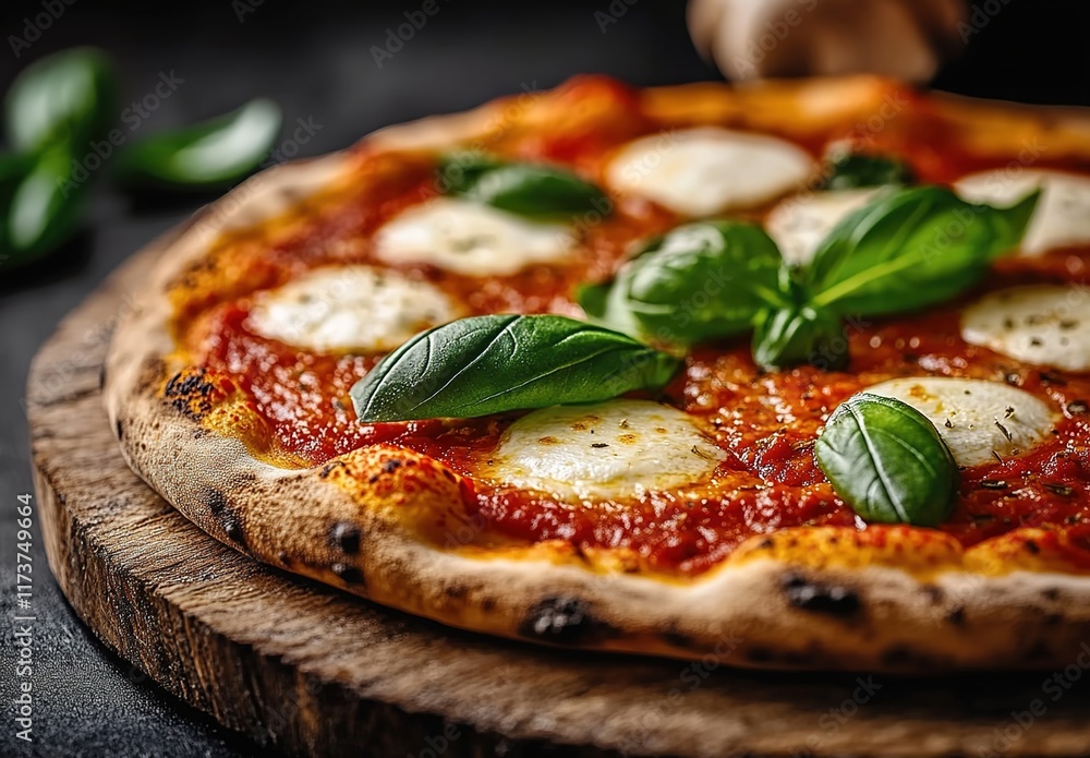 A close-up shot of a delicious pizza with mozzarella and basil, placed on a rustic wooden board. A close-up shot of a delicious pizza with mozzarella and basil, placed on a rustic wooden board.
