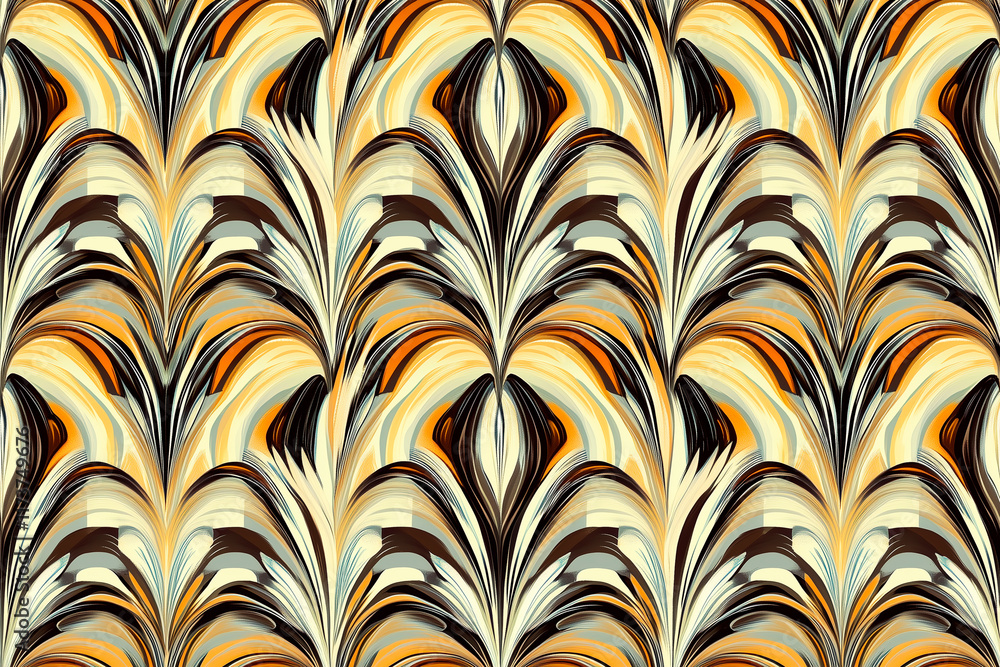 Geometric Art Deco ornament pattern, highlighted with mocha muse shades of cream, caramel, and espresso, with sleek metallic accents, evoking sophistication and vintage charm
Geometric Art Deco ornament pattern, highlighted with mocha muse shades of cream, caramel, and espresso, with sleek metallic accents, evoking sophistication and vintage charm