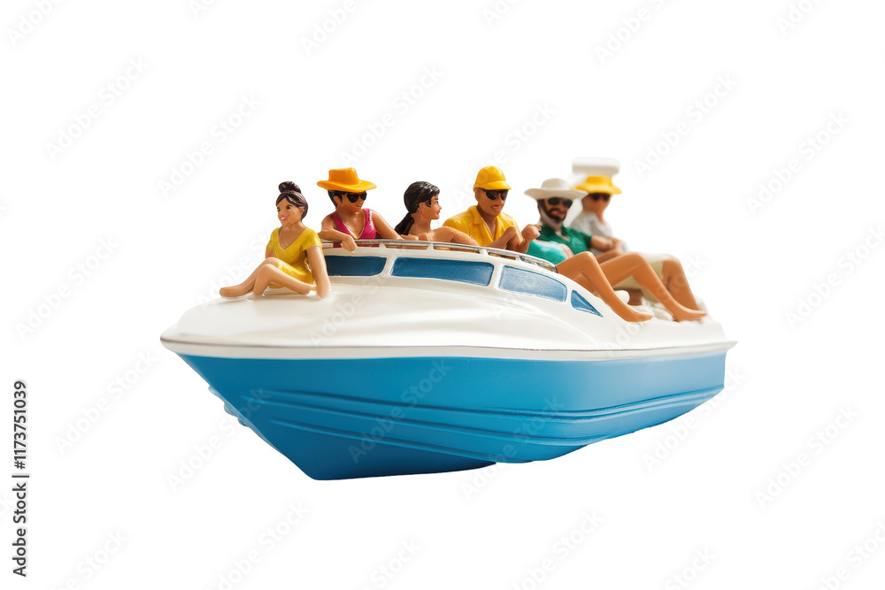 Colorful miniature boat carrying six figurines on a white background showcasing a cheerful summer outing on the water Colorful miniature boat carrying six figurines on a white background showcasing a cheerful summer outing on the water
