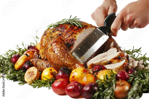 Juicy roast turkey being sliced with herbs and fruits arranged on a serving platter for a festive feast photo