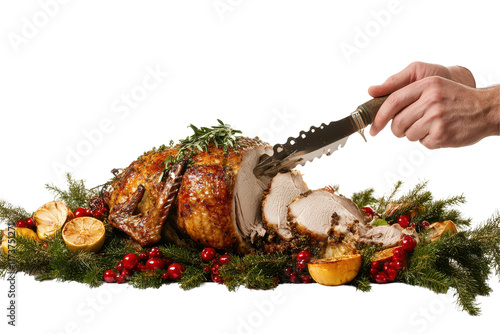 Juicy roast turkey being sliced with herbs and fruits arranged on a serving platter for a festive feast photo