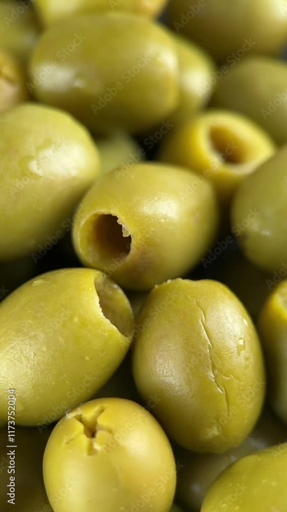Canned green olives close up, rotate. Pitted olives Canned green olives close up, rotate. Pitted olives