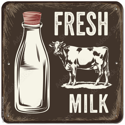 Vintage Fresh Milk Sign with Cow Illustration