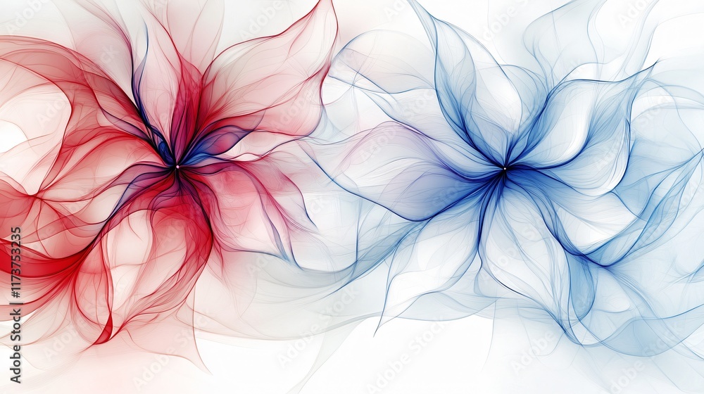 Obraz premium Abstract Red and Blue Floral AI Art: Delicate Swirls and Flowing Petals
