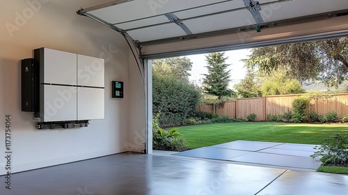 A home solar generating system mounted on the wall of a garage with a lush backyard visible through a wide-open door. 