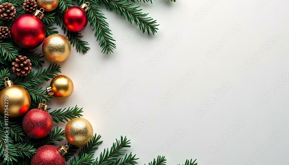 Minimalistic holiday-themed design with red and gold ornaments on white canvas Minimalistic holiday-themed design with red and gold ornaments on white canvas