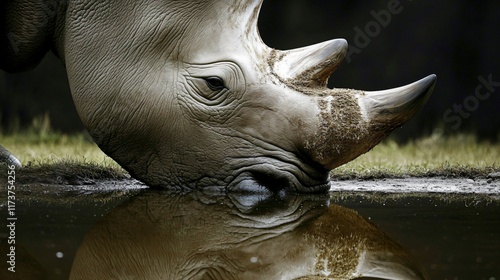 Majestic White Rhino Drinking Water Reflection Wildlife Photography photo