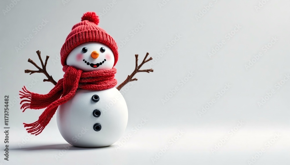 Smiling snowman with red scarf and hat in a cheerful 3D illustration