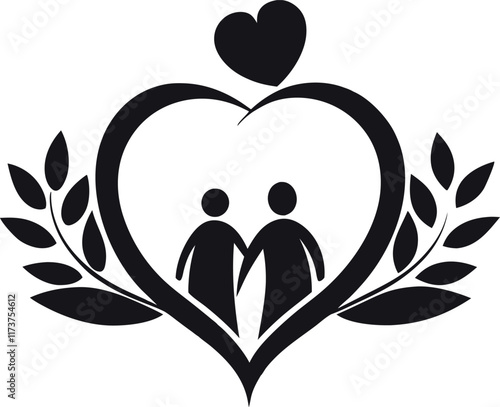 a minimalist valentine couple logo vector art illustration icon logo, under a tree silhouette and love shape