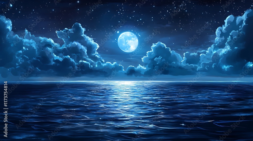 Fototapeta premium A serene night scene featuring a luminous moon over a calm ocean, surrounded by clouds.