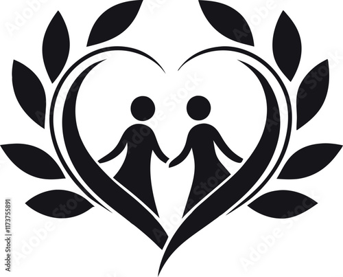 a minimalist valentine couple logo vector art illustration icon logo, under a tree silhouette and love shape