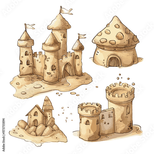 Vector illustration sand castle on the seashore, illustration for a children's book, postcard
