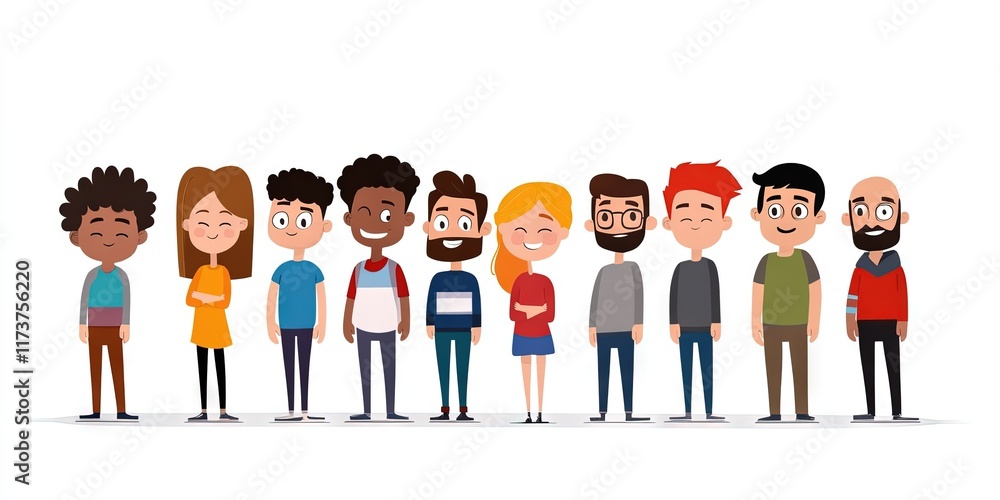 2D animated cartoon people standing in long line 2D animated cartoon people standing in long line