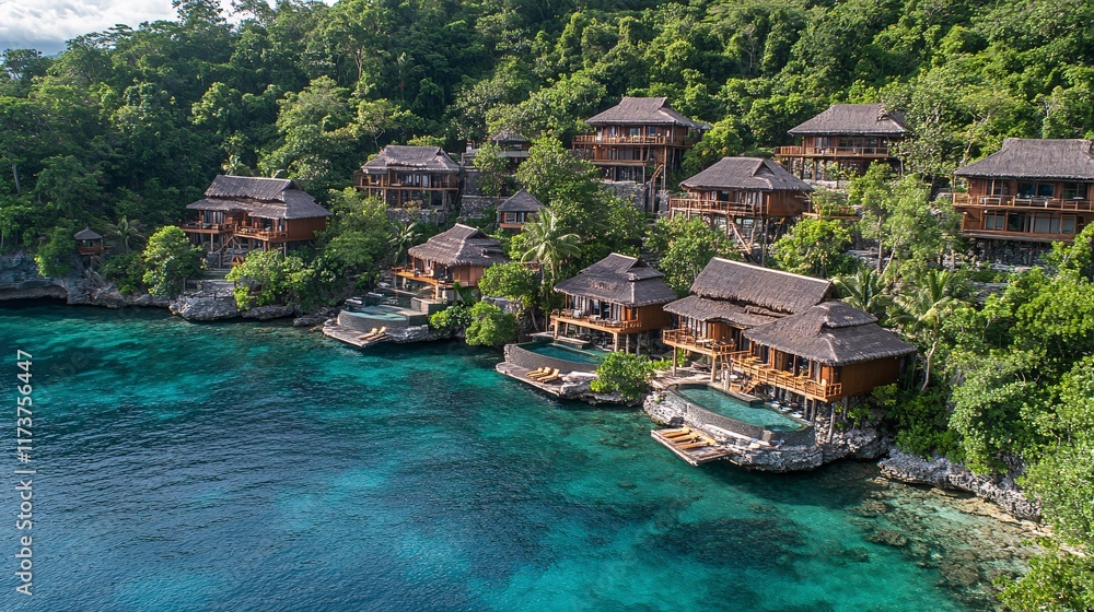 Naklejka premium Luxurious waterfront villas surrounded by lush greenery in a tropical paradise