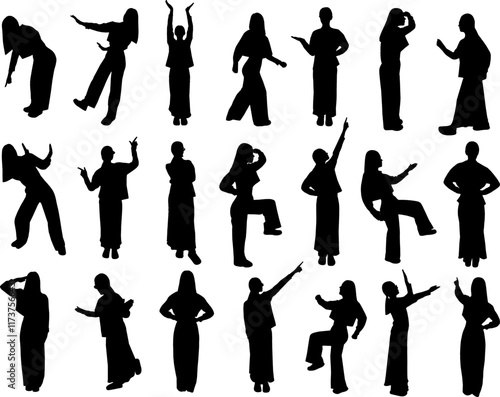 silhouette, people, vector, illustration, set, businessman, print, pose dance, collection, woman, 