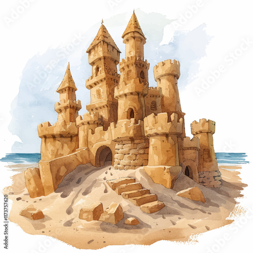 Vector illustration sand castle on the seashore, illustration for a children's book, postcard