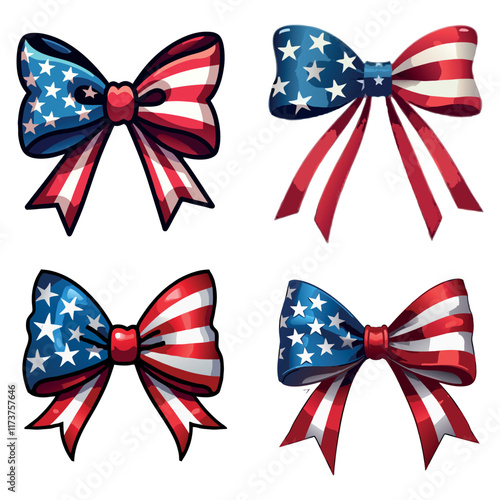 Set of four patriotic bows in red, white, and blue with stars and stripes, perfect for decorating during American holidays, Independence Day, and other patriotic events