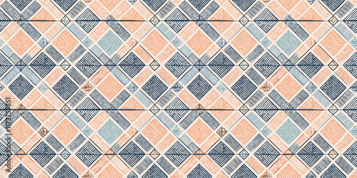 Delicate handmade  geometrical merged with ethnic ikat influences in a seamless vector design, ideal for creating unique wrapping and wallpaper options.