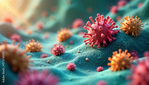 Microscopic view of diverse microorganisms like viruses, bacteria. Microbes interact on surface. Detailed view of microscopic components in human microbiome. Complex eco system illustrates symbiotic