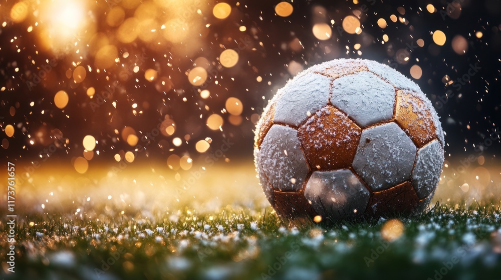 Fototapeta premium A soccer ball covered in snow on a grassy field, illuminated by soft lighting.