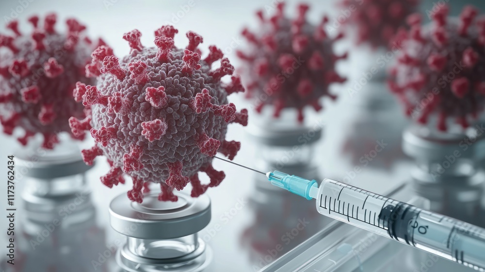A syringe injecting into a 3D representation of a virus, symbolizing vaccination efforts. A syringe injecting into a 3D representation of a virus, symbolizing vaccination efforts.