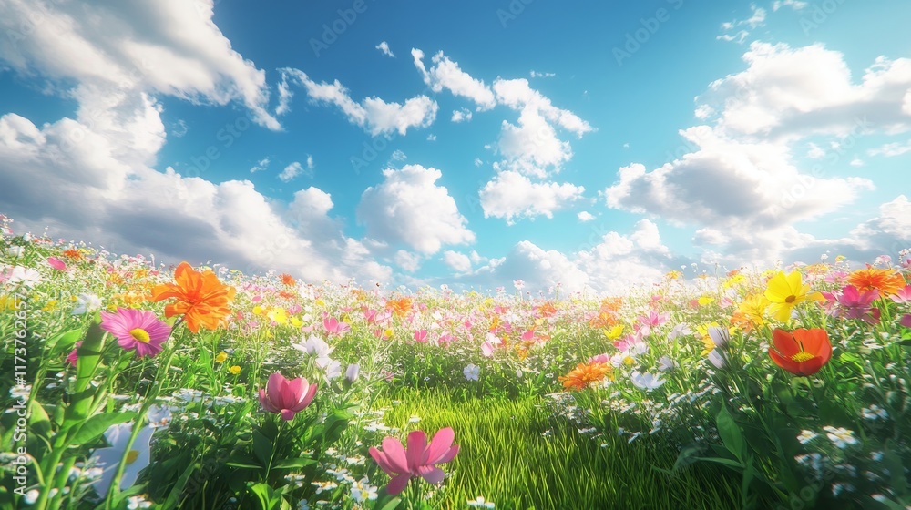Vibrant Wildflower Field Under a Bright Blue Sky With Fluffy Clouds on a Sunny Day in a Tranquil Landscape Vibrant Wildflower Field Under a Bright Blue Sky With Fluffy Clouds on a Sunny Day in a Tranquil Landscape