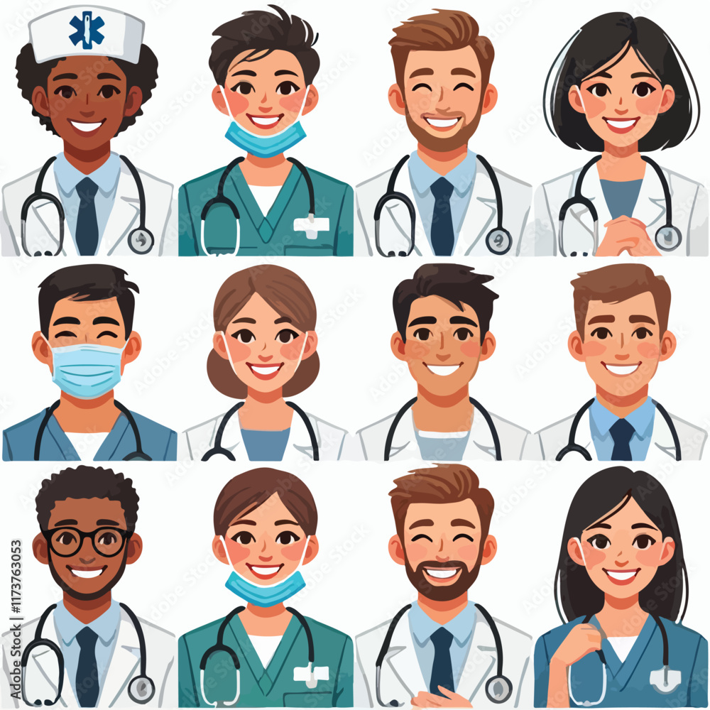 Set of smiling doctors, nurses and paramedics. Portraits of male and female medic workers in uniform with stethoscopes, masks and gloves. Flat cartoon vector illustration isolated on white background Set of smiling doctors, nurses and paramedics. Portraits of male and female medic workers in uniform with stethoscopes, masks and gloves. Flat cartoon vector illustration isolated on white background