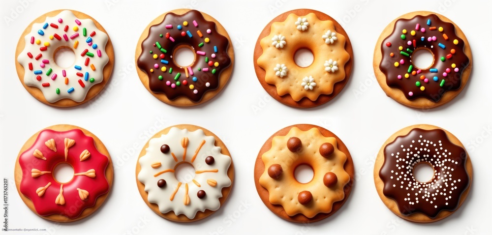 Collection of round cookies decorated with icing, sprinkles. Assorted flavors visible. Cookies perfect for bakery, food, dessert mockups. Transparent background suitable for design templates. Ideal Collection of round cookies decorated with icing, sprinkles. Assorted flavors visible. Cookies perfect for bakery, food, dessert mockups. Transparent background suitable for design templates. Ideal